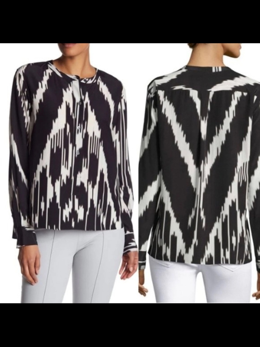 Theory Silk Black & White Isalva Ikat-Style Button-Down Blouse